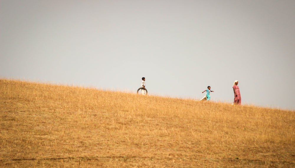 woman and two children stand in a gold colored field