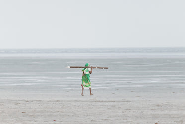 woman carrying log on beach in india