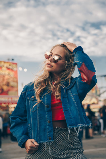 woman in denimn poses