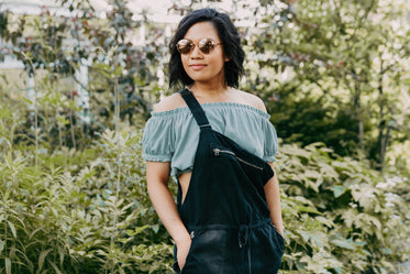 woman in fashionable dungarees