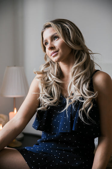 woman in polka dot dress