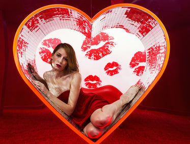 woman in red dress poses in heart display