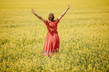woman in red dress stands in field of yellow