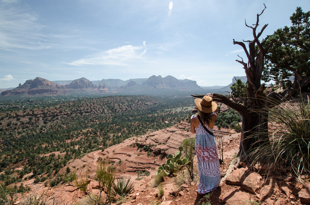 woman looks out over desert