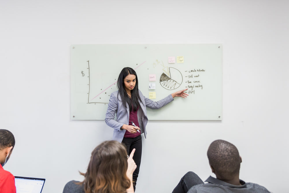 woman presenting pie chart