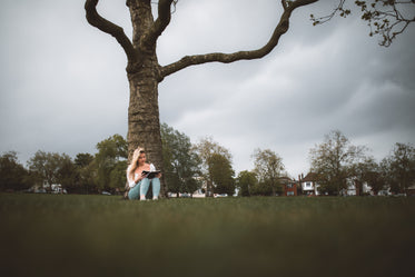 woman quietly reads a book under a tall tree