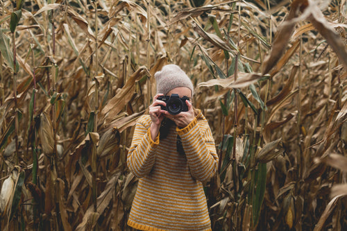woman taking pictures in cornfield