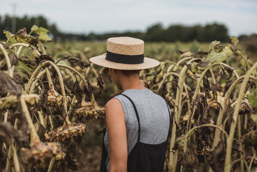 woman walking through sunflower field