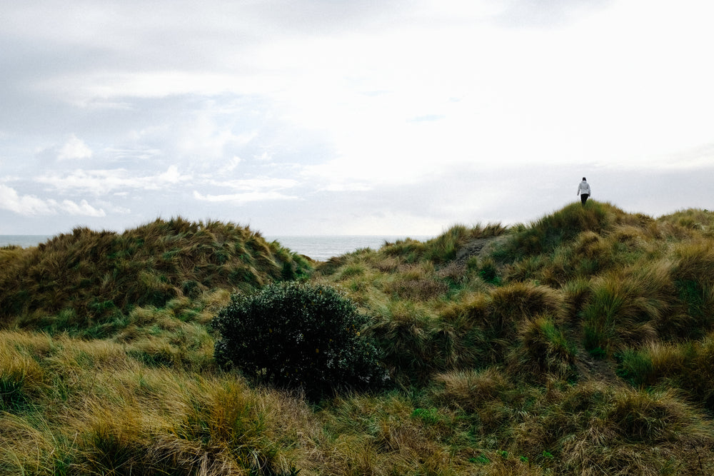 woman walks away across grassy dunes