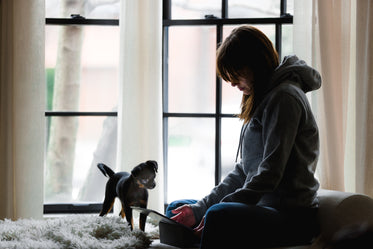 woman works while dog watches