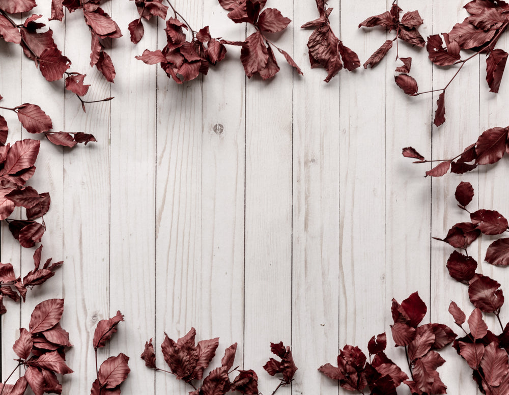 wood panel background framed by leaves