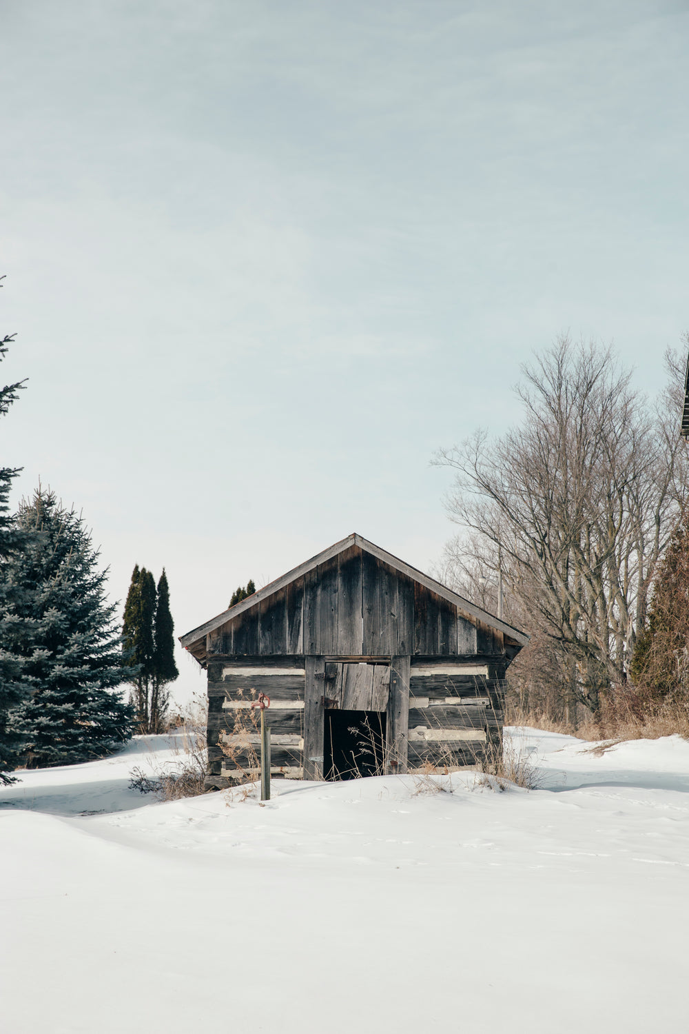 wooden cabin surrounded by fresh snowfall