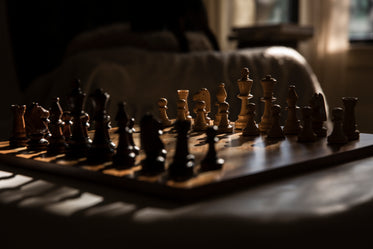 wooden chess set bathed in warm window light