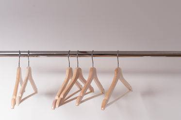 wooden clothes hangers cling emptily to the shiny shop rack