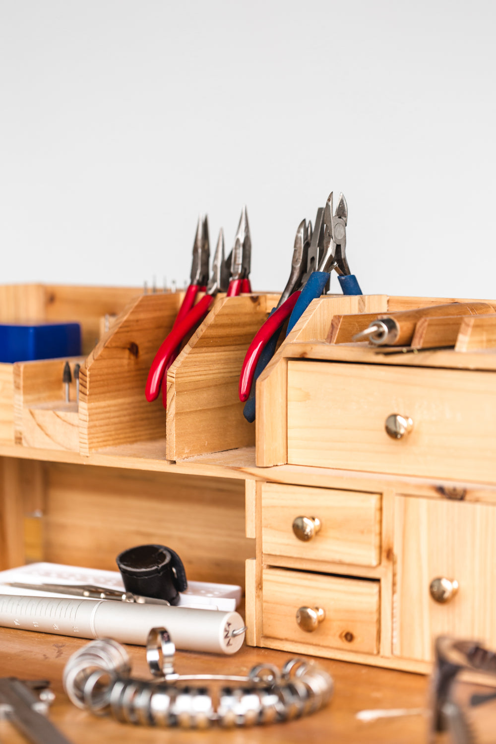 wooden desk with tools