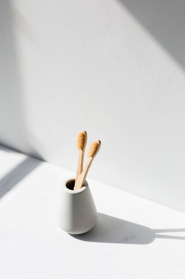 wooden toothbrushes in holder