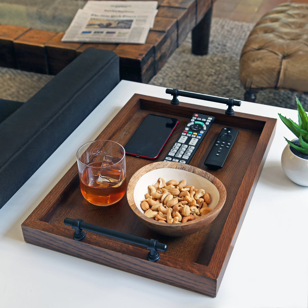 wooden tray on side table in living room