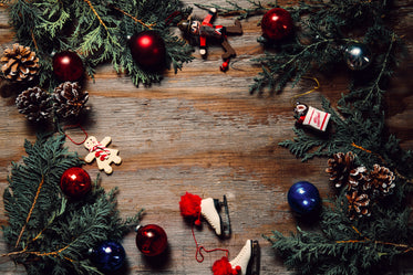 woodgrain with christmas ornaments