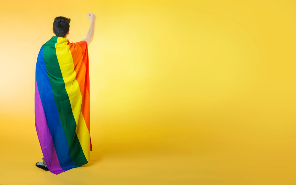 wrapped lgbt flag holding fist up