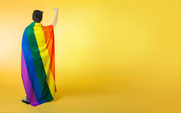 wrapped lgbt flag holding fist up