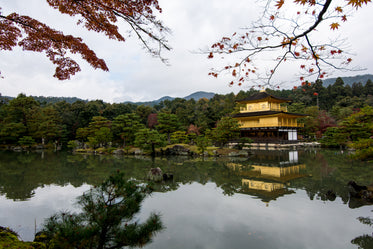 yellow building sits on a lake surrounded by trees