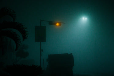 yellow traffic light through thick fog