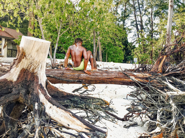 young man sat on fallen tree