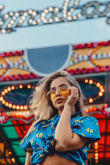 young model with carnival lights